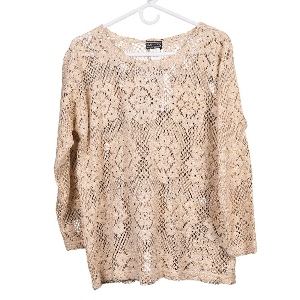 Objects DArt VTG Crochet Knit Sweater L Gold Metallic 90s 70s Retro Long Sleeve